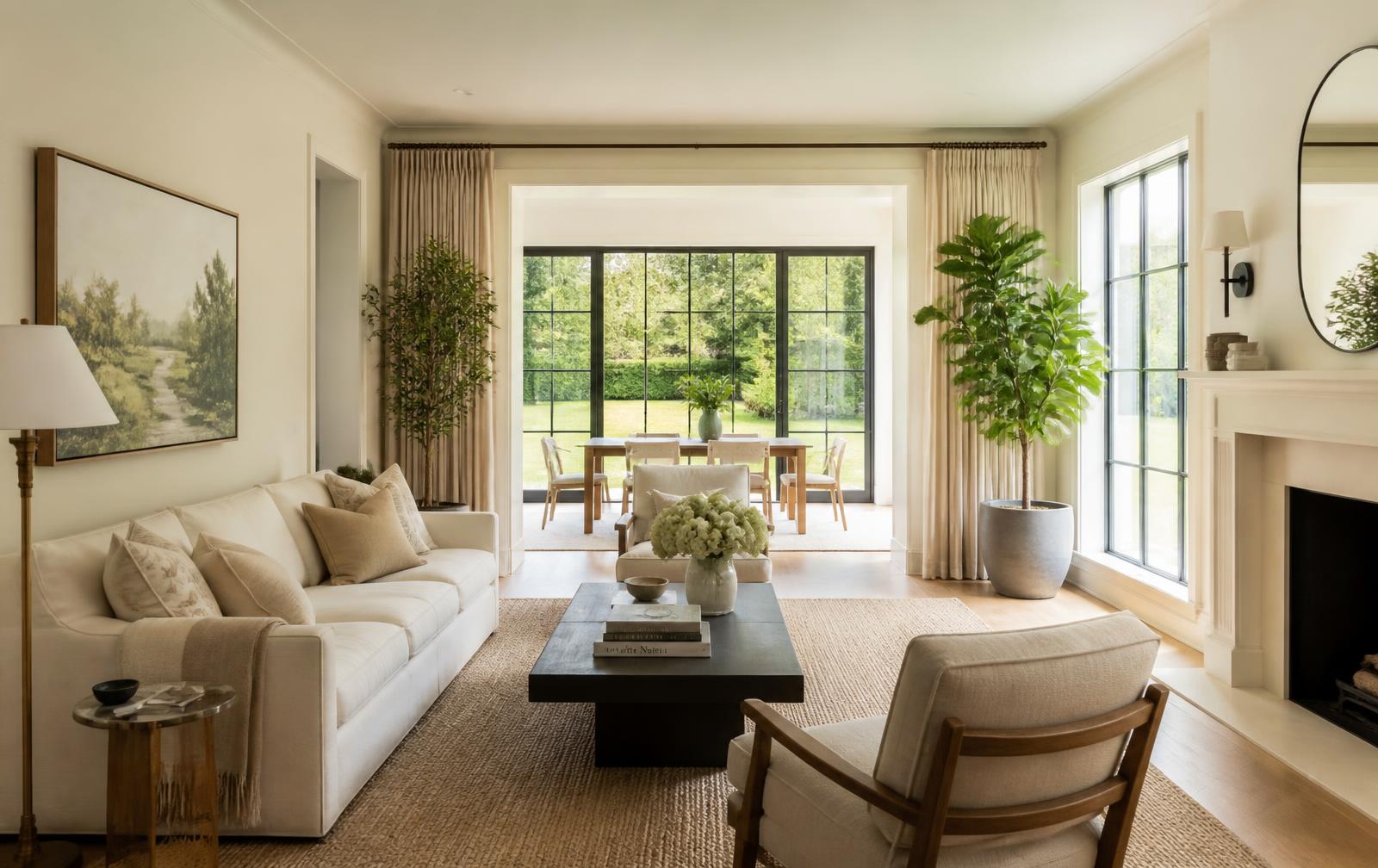 A bright, calm living room with linen furniture, plants, and garden views