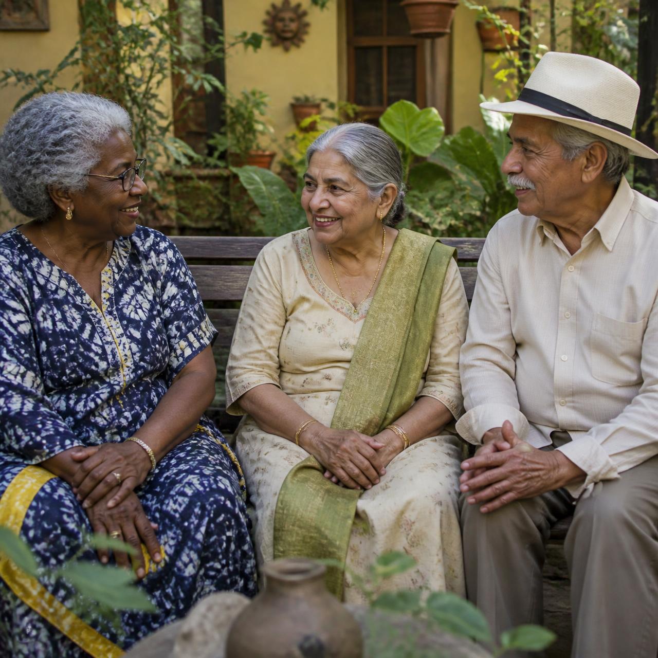 Three residents of color in their seventies talking warmly on a bench in a leafy garden courtyard