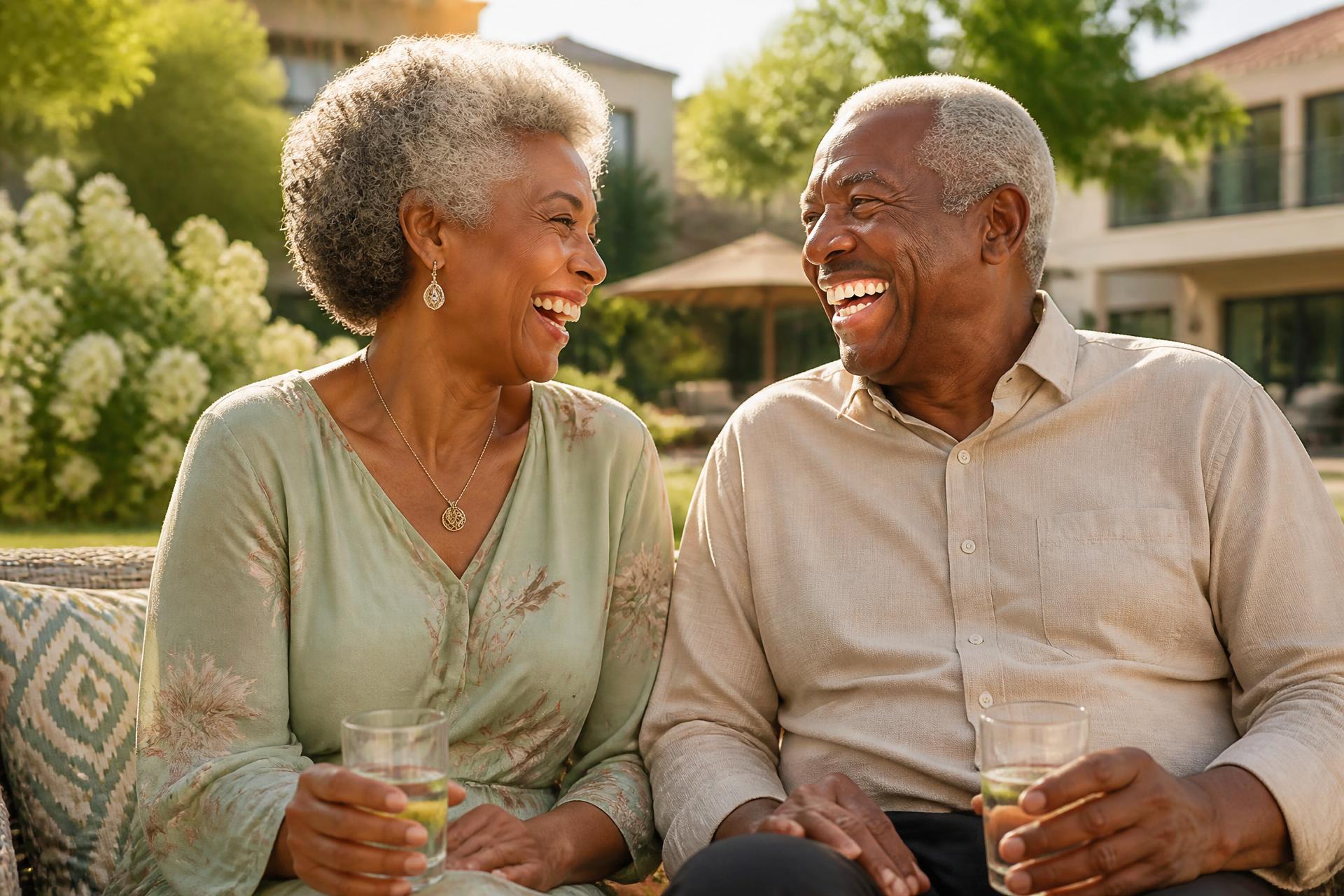 A Black woman and man in their seventies laughing together on a sunlit garden terrace at Deeper Roots